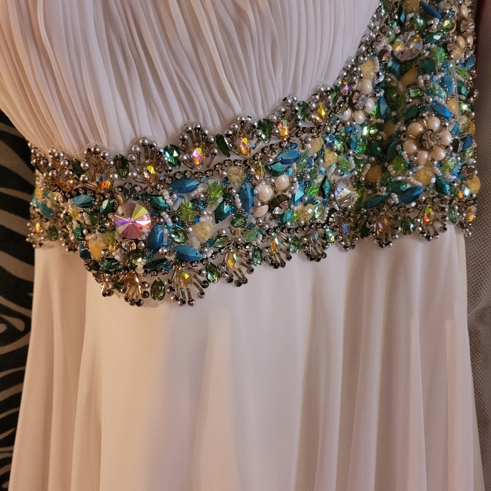 White Sherri Hill Jewel Encrusted Gown teal silver - Picture 3 of 15
